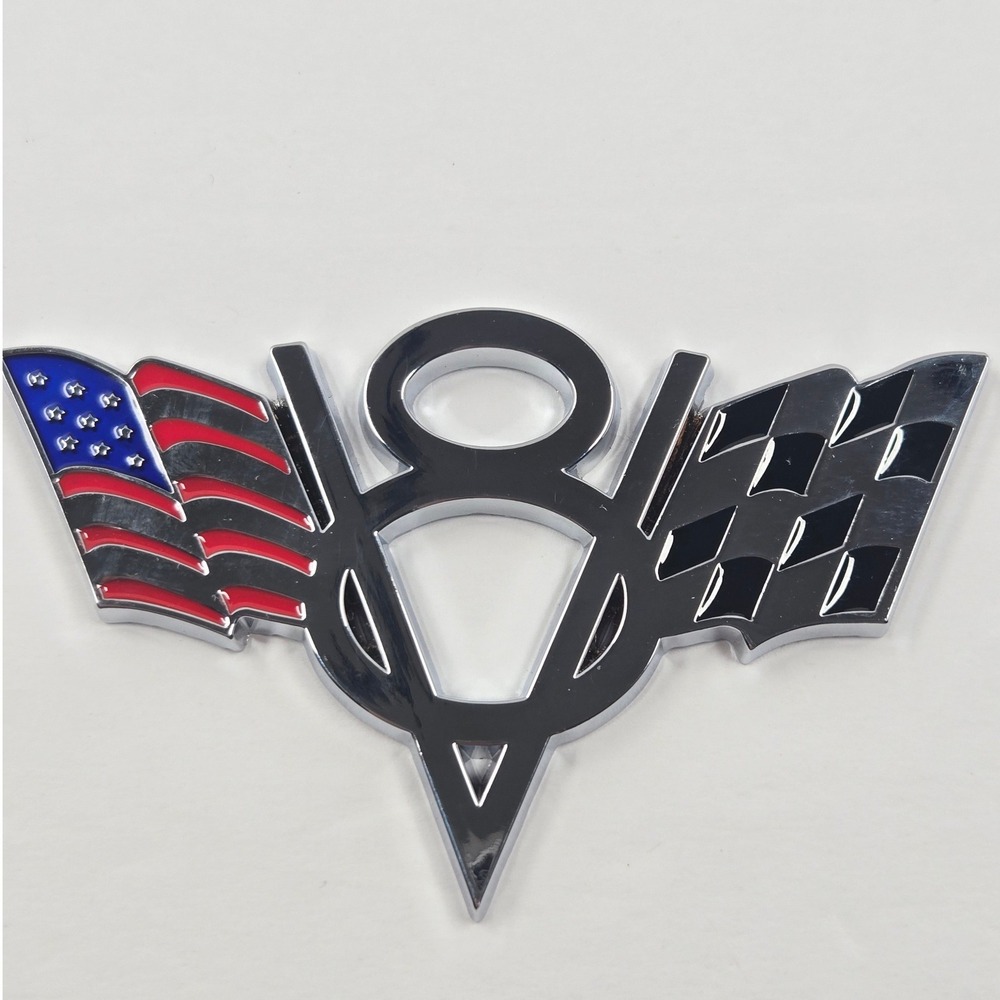 Vintage Style V8 Chrome Car Emblem American Flag Checkered Racing Flag Badge